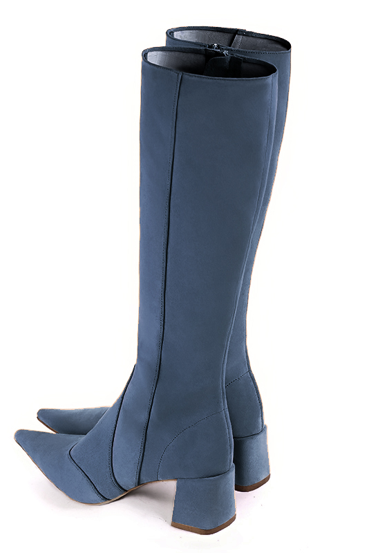 Denim blue women's feminine knee-high boots. Pointed toe. Medium block heels. Made to measure. Rear view - Florence KOOIJMAN